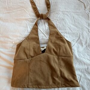 Thirty Thirty Brown Faux Suede Halter Crop Top Womens Size L Smocked Back